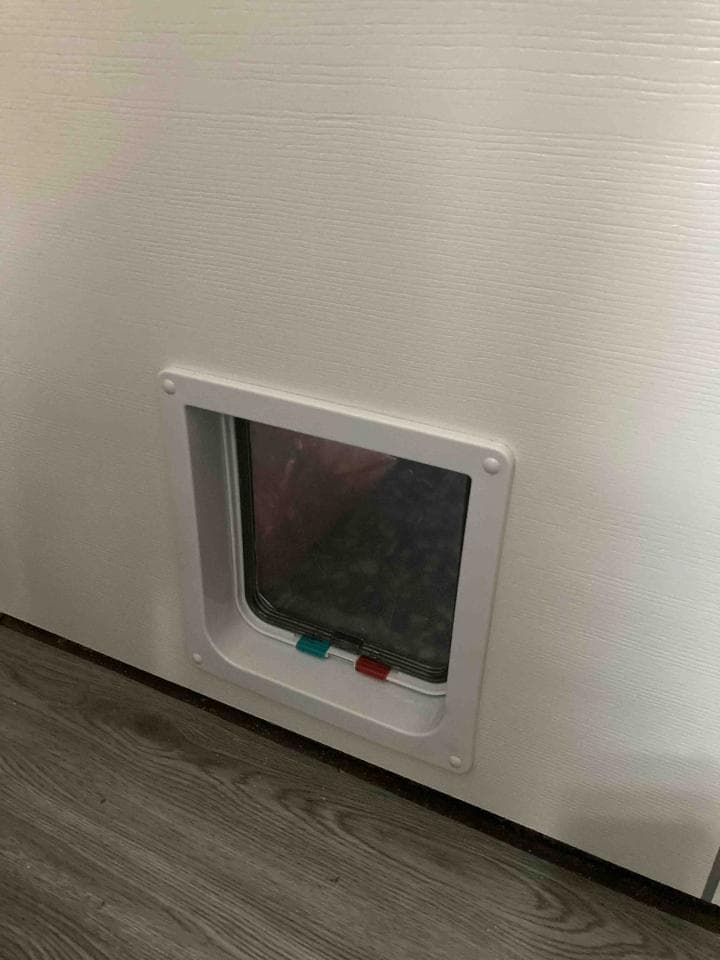 1) 照片顯示一個白色門上的貓咪門