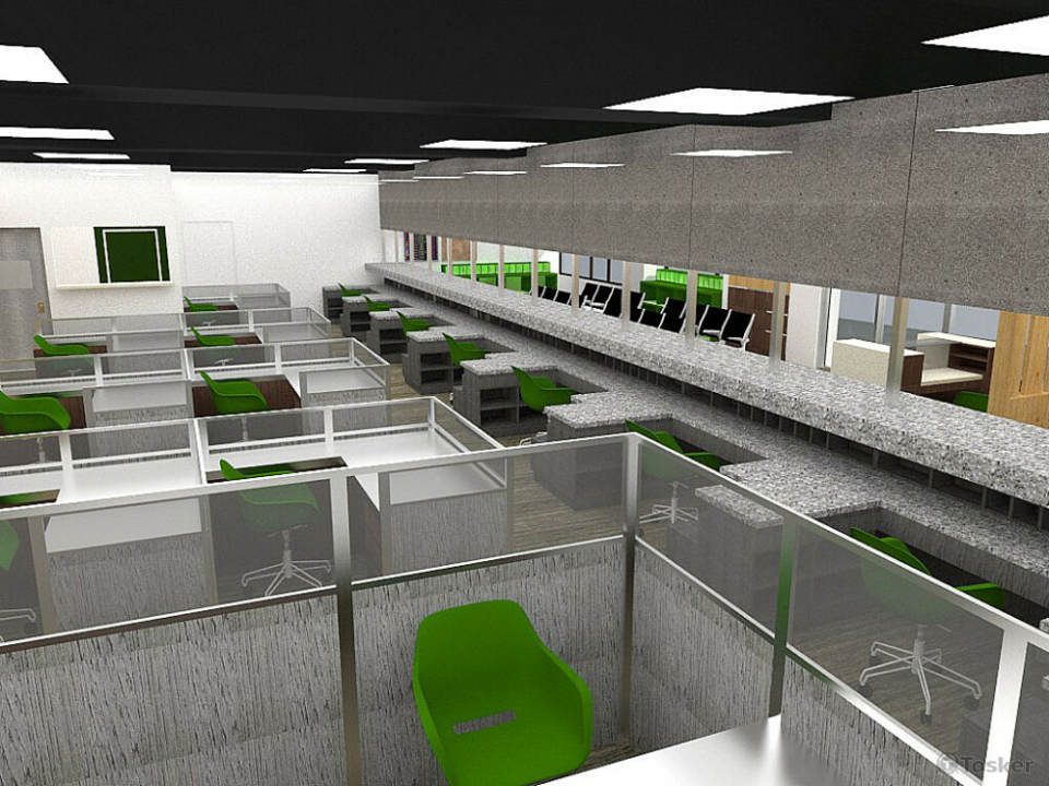 這張「辦公室」的照片是一個現代化的辦公空間,有許多工作站和綠色的椅子,還有灰色調的牆壁和天花板。