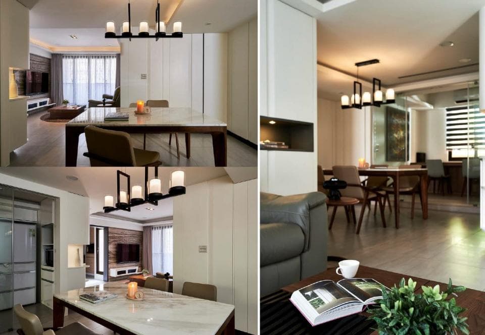 這張「現代化住宅」的照片是,顯示了一個明亮的客廳,有一個大理石餐桌和一個舒適的沙發。房間裡有許多自然光線,以及一個時尚的吊燈。