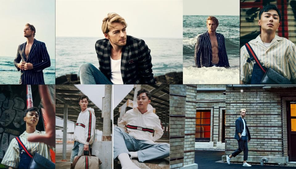 這張「時尚雜誌」的照片是六個不同風格的男性穿著時尚服裝,在不同場景中的照片。