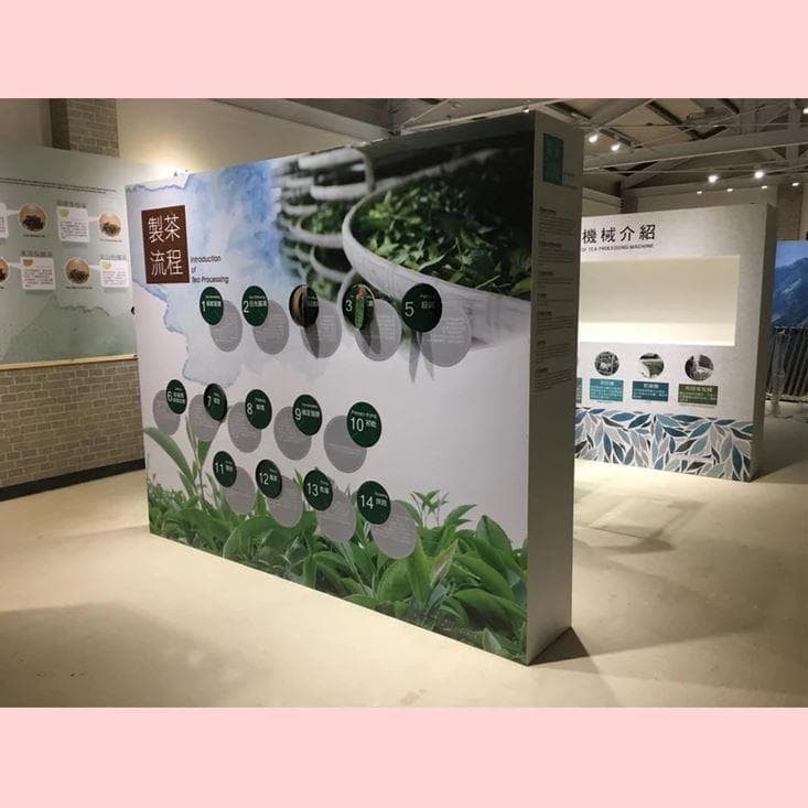 1) 照片顯示一個博物館的展覽,展示了茶葉的生產過程