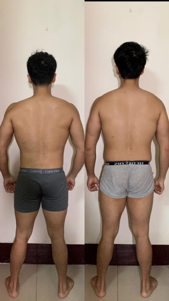 這張照片是前後兩張對比照,展示了一個人在健身前後的體型變化,可以清楚地看到他練出了肌肉,身材變得更健壯。