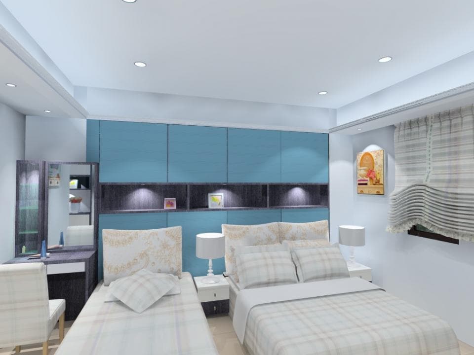 這張照片是一間現代化的臥室,最重要的是兩張並排的雙人床,其中一張床鋪好了床單和枕頭,床頭櫃上放著一個床頭燈。