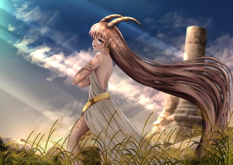 這張照片是一個擁有棕色長髮和山羊角的女性角色,她穿著白色長袍,配戴金色腰帶,站在一片草地上。