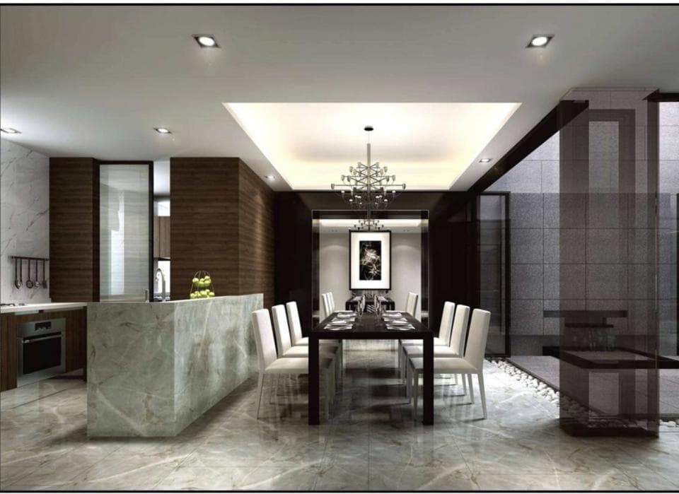 這張「現代化住宅」的照片是一間寬敞的餐廳,有著大型的落地窗和一個時尚的餐桌。餐廳中央有一個精緻的水晶燈,為空間增添了一絲奢華感。牆壁上還掛著一幅抽象畫,為餐廳增添了一點藝術氣息。