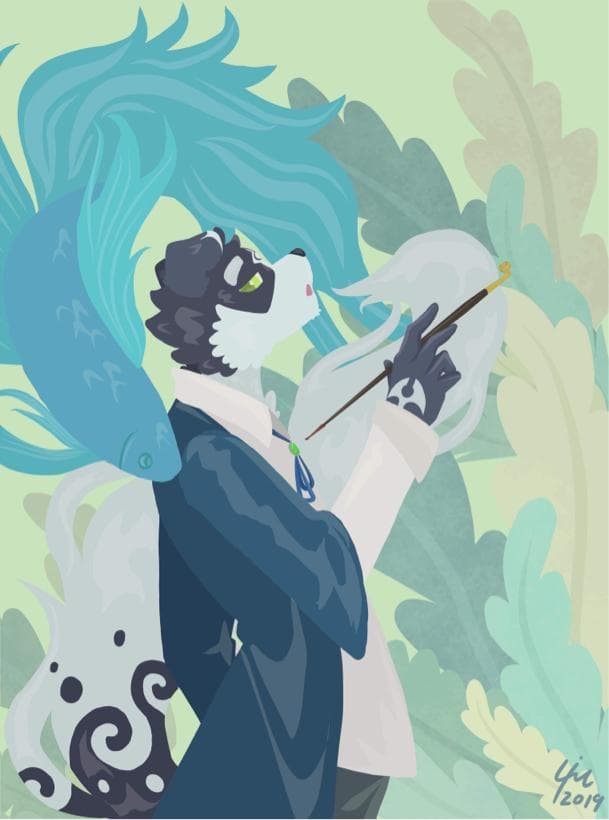 這張照片是一個穿著西裝,戴著領結,頭上戴著藍色頭飾,看起來像貓的生物。