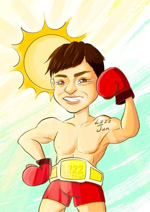 這張照片是一個卡通人物,他戴著拳擊手套,看起來很自信,而且他還有條金腰帶。