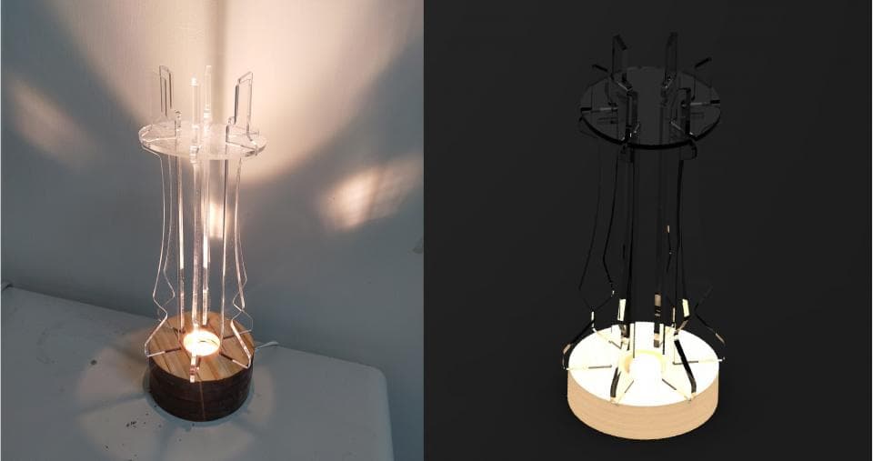 1) 照片顯示一個由透明壓克力製成的現代燈具,燈具的基座是木頭,並配有燈泡