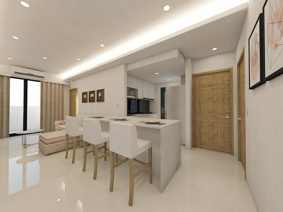 這張照片是一個現代化的廚房和餐廳,重點是白色大理石吧檯和四個高腳椅,以及房間裡明亮的照明和簡潔的設計。