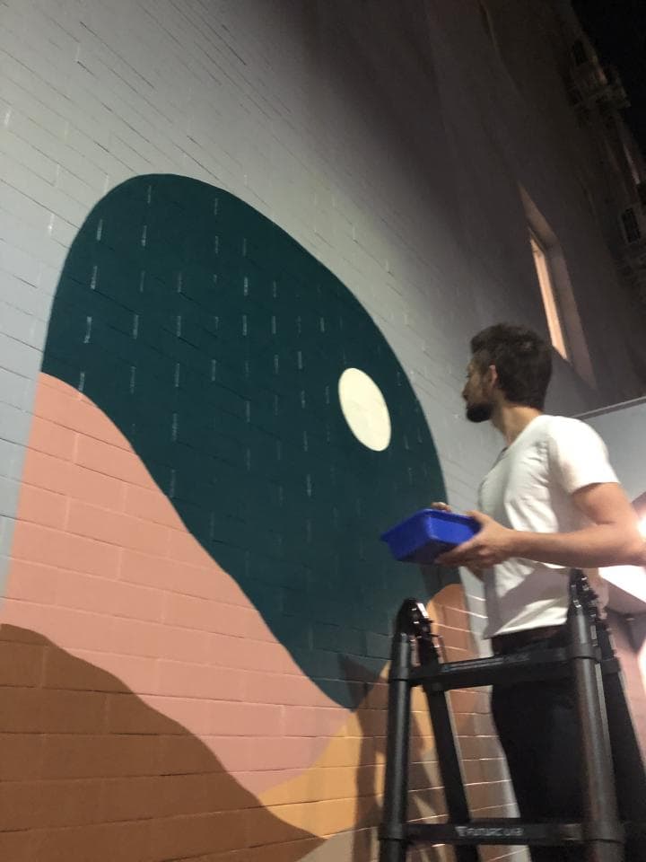 這張「街頭藝術」的照片是一個男人正在用梯子塗牆壁,牆壁上有綠色、粉色、黃色的抽象圖案。