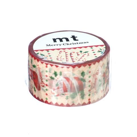 這張「聖誕節膠帶」的照片是一捲印有聖誕節主題圖案的膠帶,上面有聖誕老人、柺杖糖和綠色植物的圖案。膠帶是紅色和綠色的,上面寫著「Merry Christmas」。