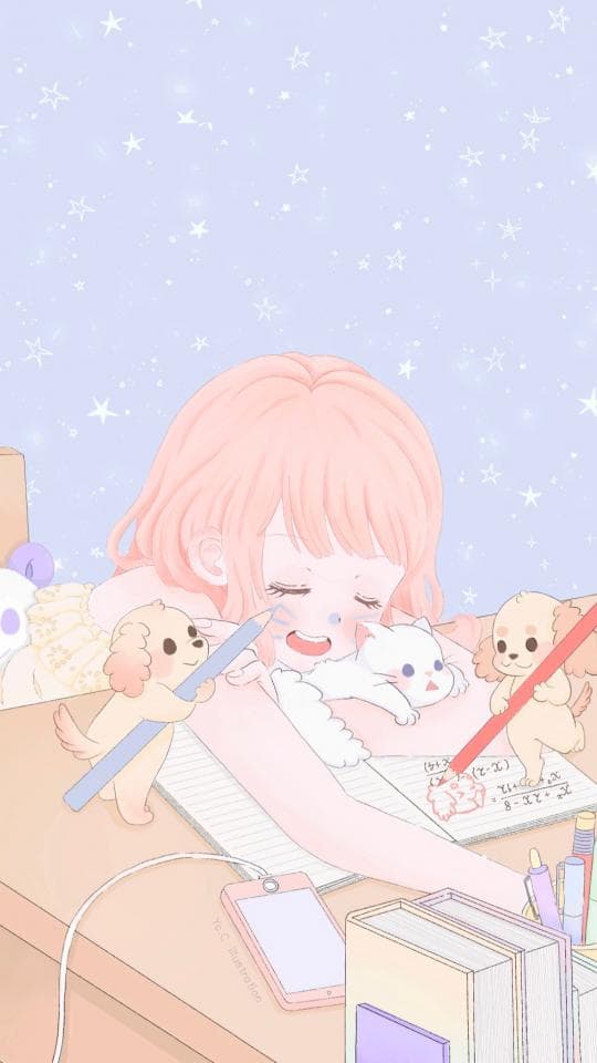 這張照片是一個女孩和她的寵物們在寫筆記,畫面非常溫馨可愛。