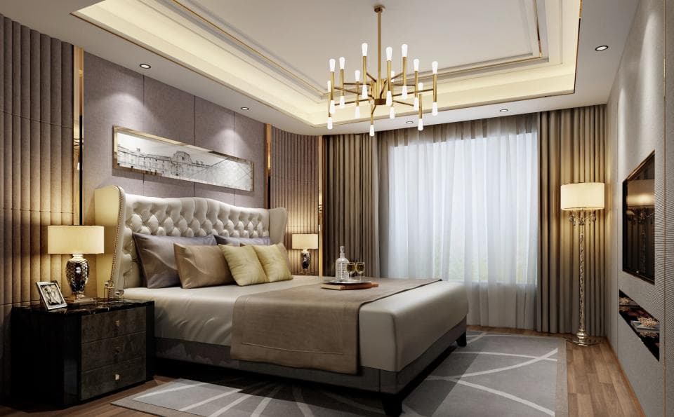 這張「臥室」的照片是一間現代化的臥室,房間內有一個大床,床頭櫃,以及一張床頭板。房間的牆壁上有一幅畫,房間的中央有一盞水晶吊燈。房間的窗戶很大,窗戶上有白色的窗簾。房間的整體設計風格是現代簡約,給人一種舒適放鬆的感覺。