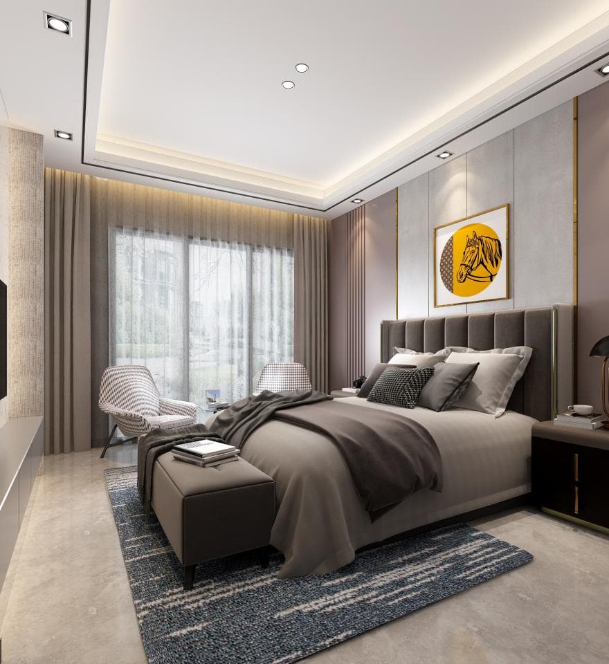 這張「臥室」的照片是一張現代風格的臥室,床頭板是深色木質的,床頭上有兩盞壁燈,床尾放了一個長方形的矮凳。