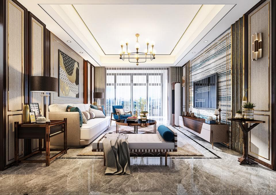 這張客廳的照片是一個裝修精緻的現代化空間,有著大型的落地窗,讓陽光灑落進屋內,舒適的沙發和茶几,以及精美的裝飾品,營造出奢華舒適的氛圍。