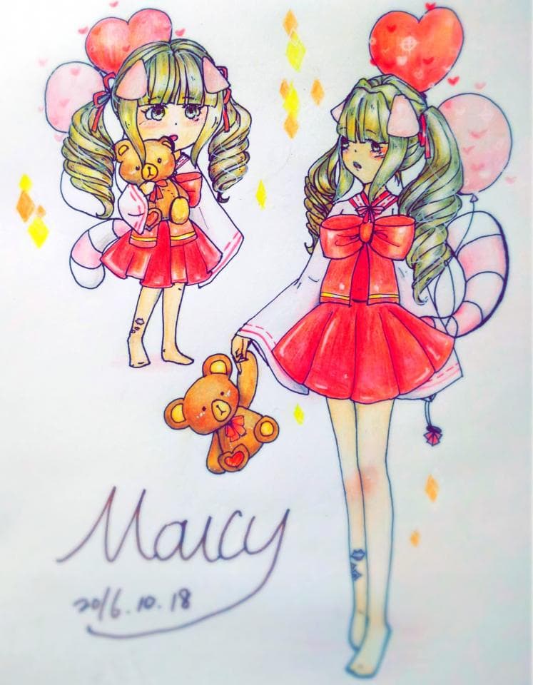 這張照片是兩個可愛的女孩,她們都穿著紅色的裙子,手上都抱著一隻可愛的泰迪熊,其中一個女孩的頭上還戴著一個愛心的氣球。