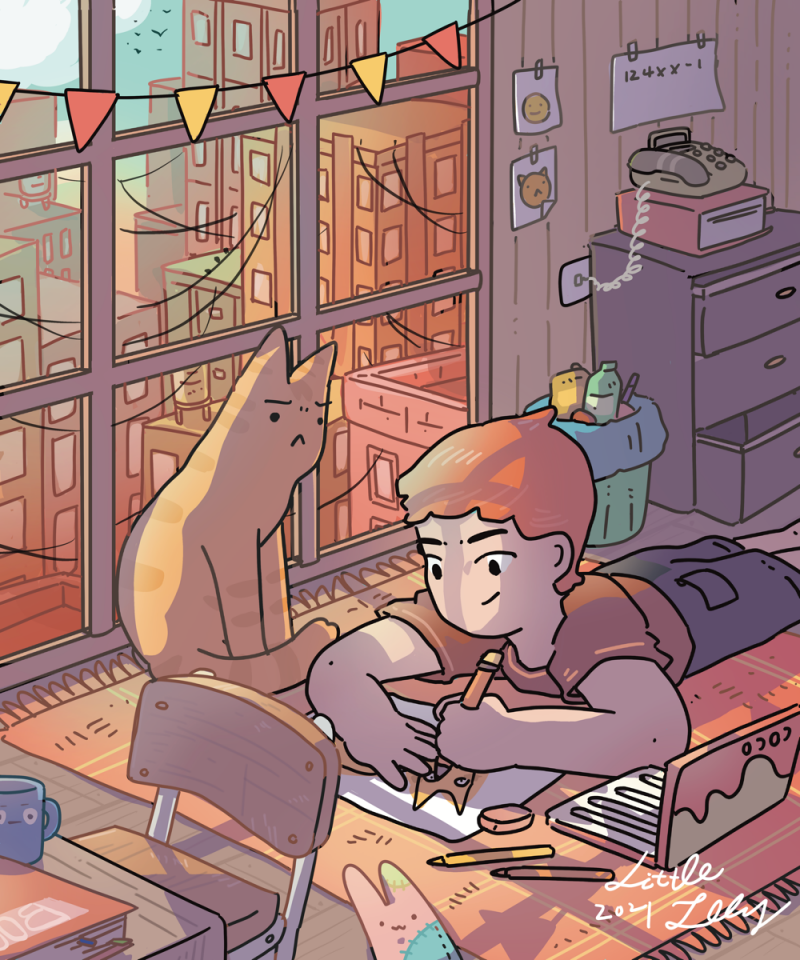 這張「房間」的照片是一個男孩正在房間裡畫畫,一隻貓坐在他旁邊。房間裡有一張椅子、一個書桌和一些文具。牆上掛著一些照片和畫像,窗外可以看到城市景色。