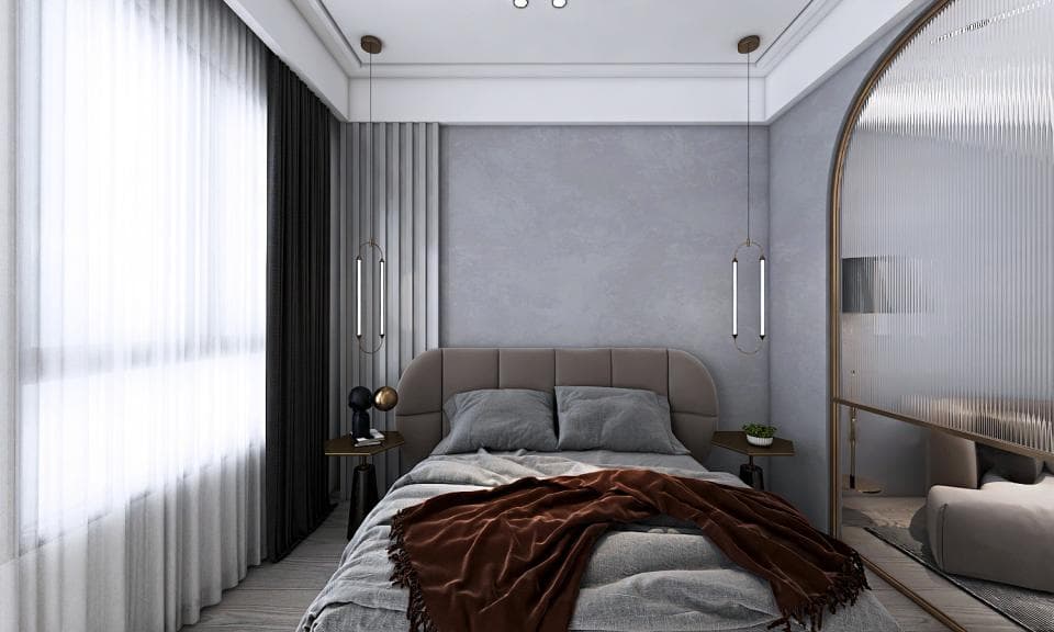 這張「臥室」的照片是一張現代風格的臥室,有著灰色牆壁、大床和窗戶。