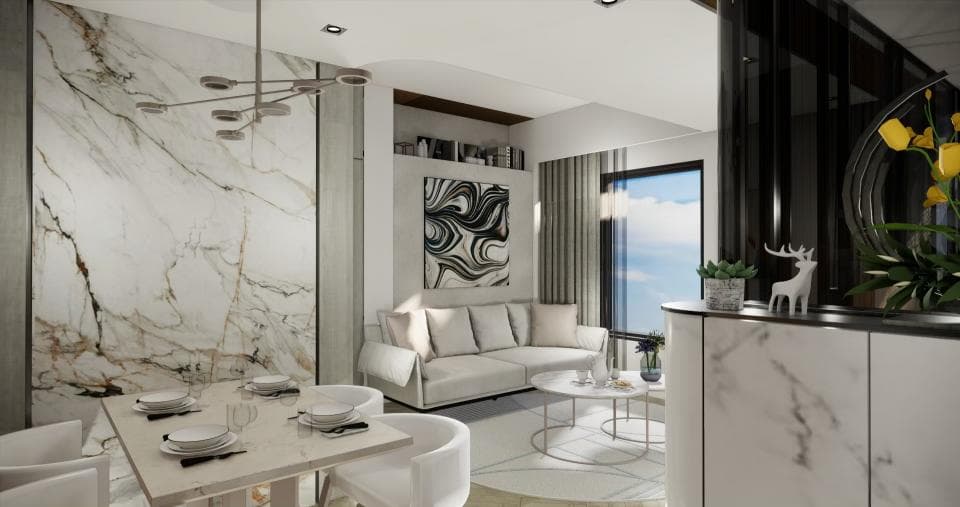 這張「現代住宅客廳」的照片是一間裝潢精緻的客廳,牆上鋪滿了大理石,搭配簡潔的沙發和餐桌。牆上還掛著一幅抽象畫,增添藝術氣息。