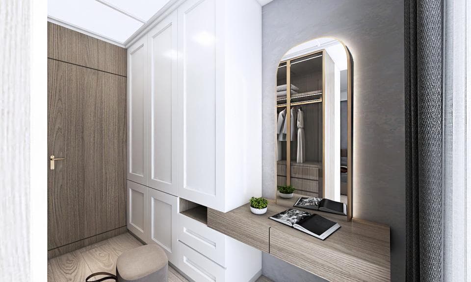 這張照片是臥室裡的一個化妝臺,化妝臺上有個帶燈的拱形鏡子。