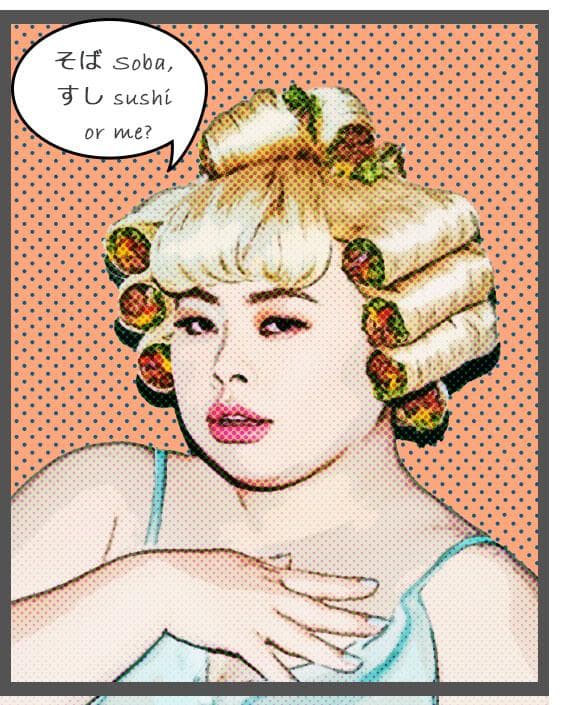 1) 這是一張女性插畫的照片,她有著一頭金色的頭髮,並用壽司卷盤在頭髮上,配戴著珍珠項鍊,她穿著淺藍色的連身裙,背景是粉紅色的點點圖案,她看起來很開心的微笑著