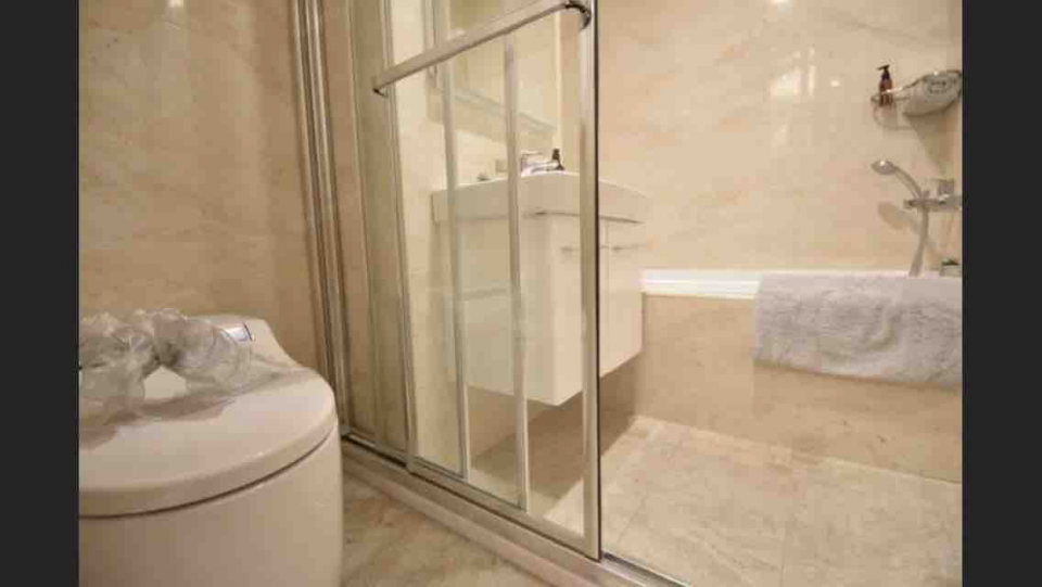 1) 這是一張浴室的照片,裡面有一個馬桶、淋浴間、浴缸和一個洗臉盆