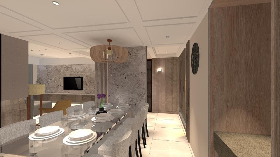 1) 照片顯示一個現代化的客廳,帶有一個大餐桌,中間放了花瓶,四周環繞著白色餐椅