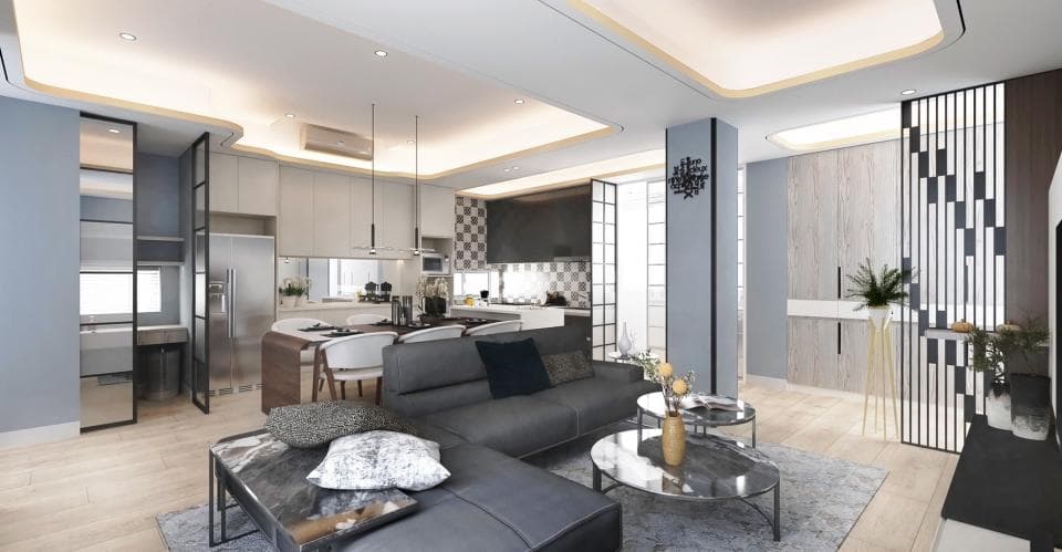 這張現代風格住宅的照片是客廳和廚房的空間,客廳裡有沙發、茶几,廚房裡有中島和吧檯。