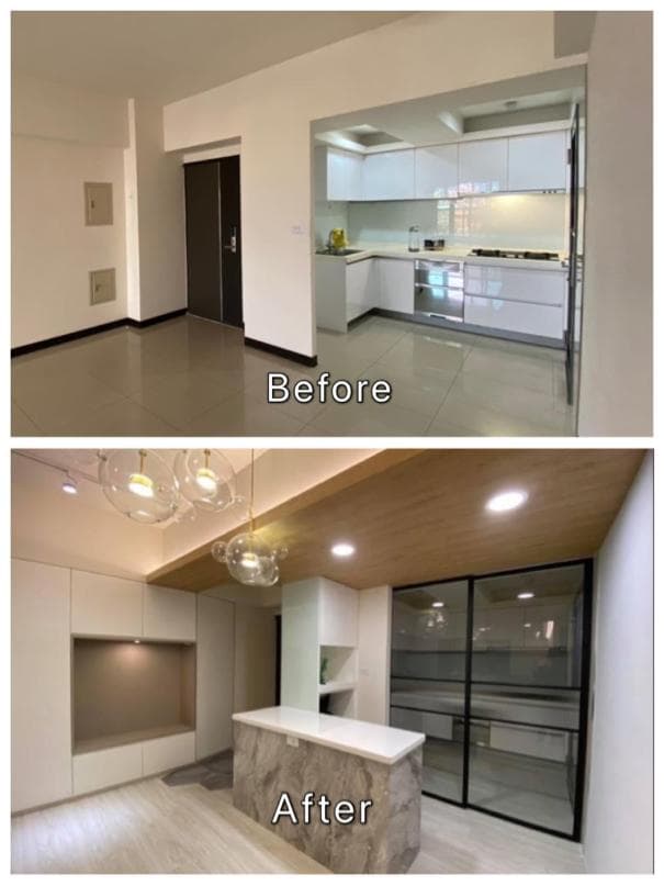 1) 這張照片顯示了廚房的改造前和改造後的對比