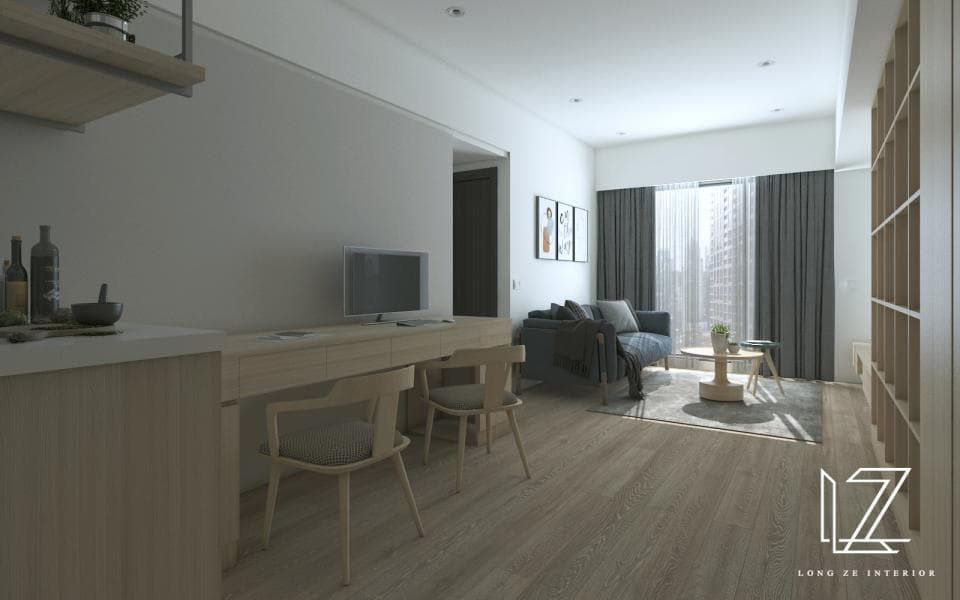 這張「現代化公寓」的照片是一個開放式的空間,有廚房、客廳和工作區。客廳有一張沙發、一個咖啡桌,以及落地窗。工作區有一個書桌、兩把椅子和一個電視。廚房有一個小吧檯和一些木櫃。牆壁上有一個架子,上面擺放著酒瓶和一些裝飾品。房間整體以木質色調為主,給人溫馨舒適的感覺。