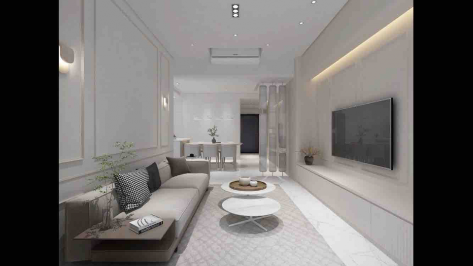 這張「客廳」的照片是一個現代化的客廳,裡面有一個淺色的沙發,一個電視,和一個咖啡桌。