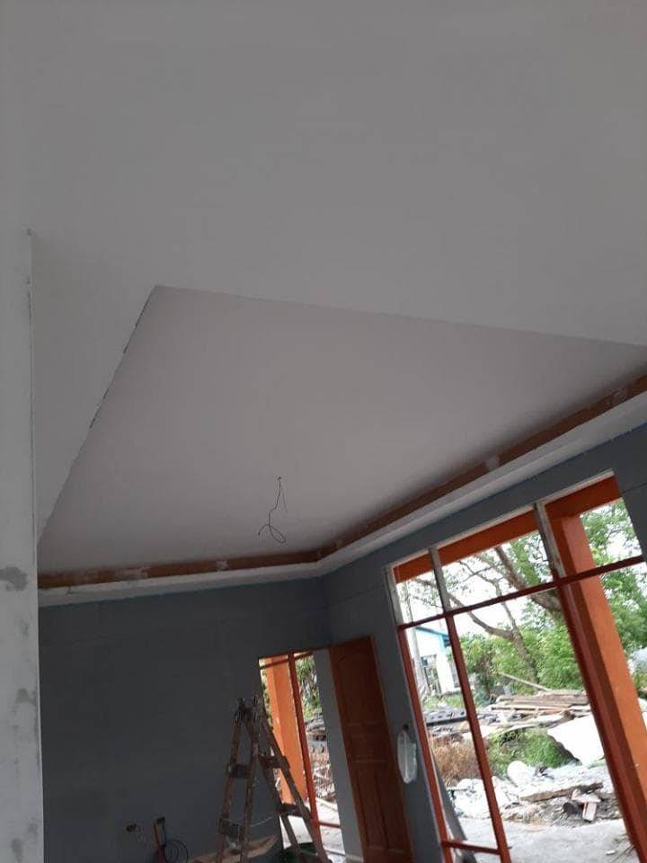 1) 照片顯示一個未完成的房間,天花板是白色的,牆壁是灰色的,有兩個窗戶,窗外可以看到樹木和灌木叢