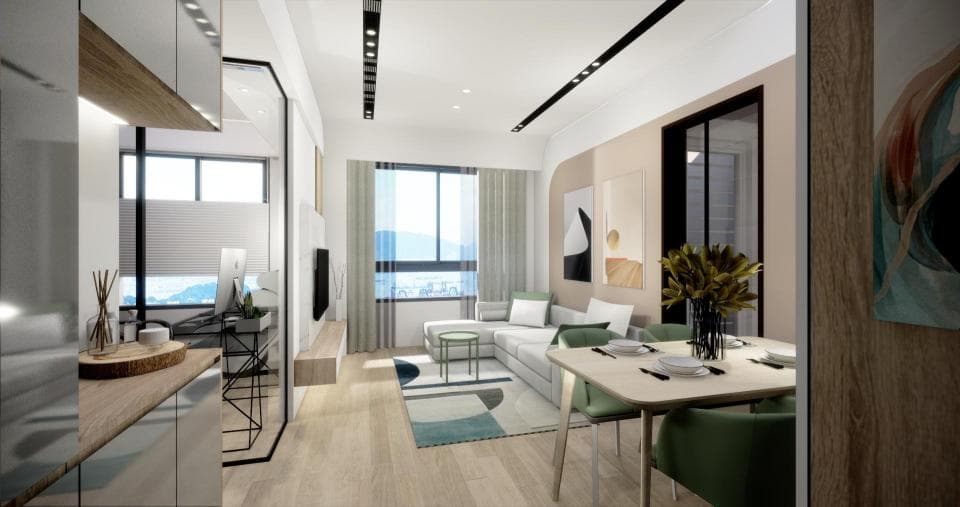 這張「現代居家設計」的照片是客廳和餐廳的空間,有沙發、餐桌椅、電視櫃和窗戶,裝潢以簡約風格為主,牆壁以白色和淺灰色為主色調,傢俱以木質色和灰色為主。