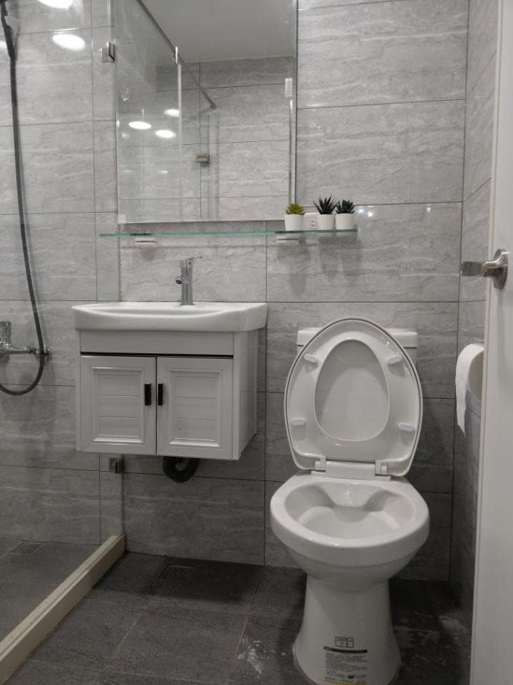 1) 照片顯示一間浴室,裡面有馬桶、洗手台和鏡子