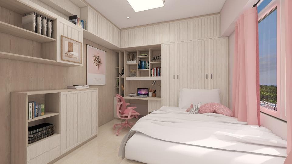這張「臥室」的照片是一個現代化的臥室,房間裡有一張床、一個書桌、一個衣櫃、一個書架和一個窗戶。房間的顏色以白色和粉色為主,營造出一個清新舒適的氛圍。