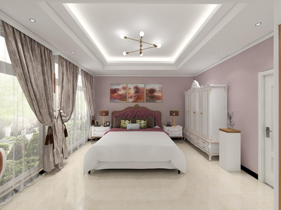 1. 這是一張臥室的室內設計照片,照片中包含一張床、窗簾、一個衣櫃、床頭櫃和一些裝飾品