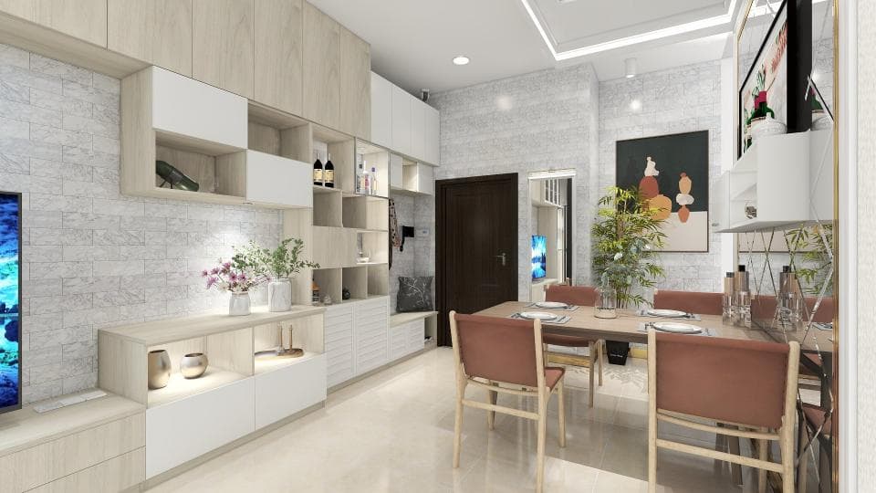 這張照片是一個現代化的餐桌和廚房。餐桌是木製的,周圍有六把座椅,並設有簡潔的裝飾和花卉擺設。