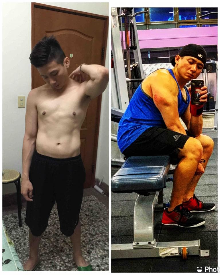 這張照片是兩個男人,一個在健身房,一個在鏡子前。健身房的男人正在舉重,鏡子前的男人則展示他的肌肉和身材。