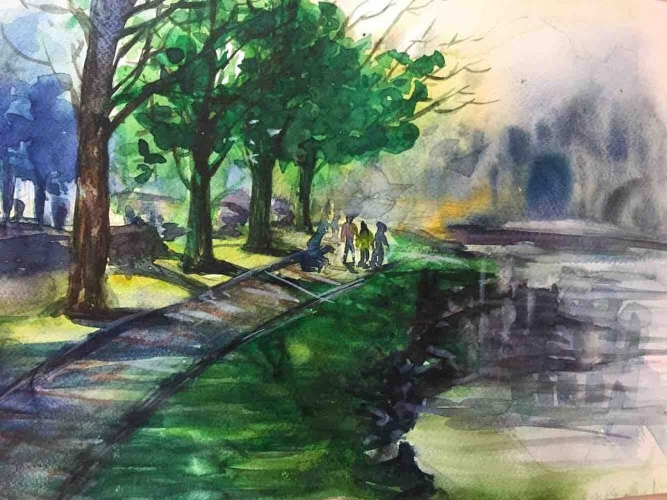 這張照片是一幅水彩畫,畫中有一條蜿蜒的小路,兩旁是茂密的樹林,路旁還有幾個行人。