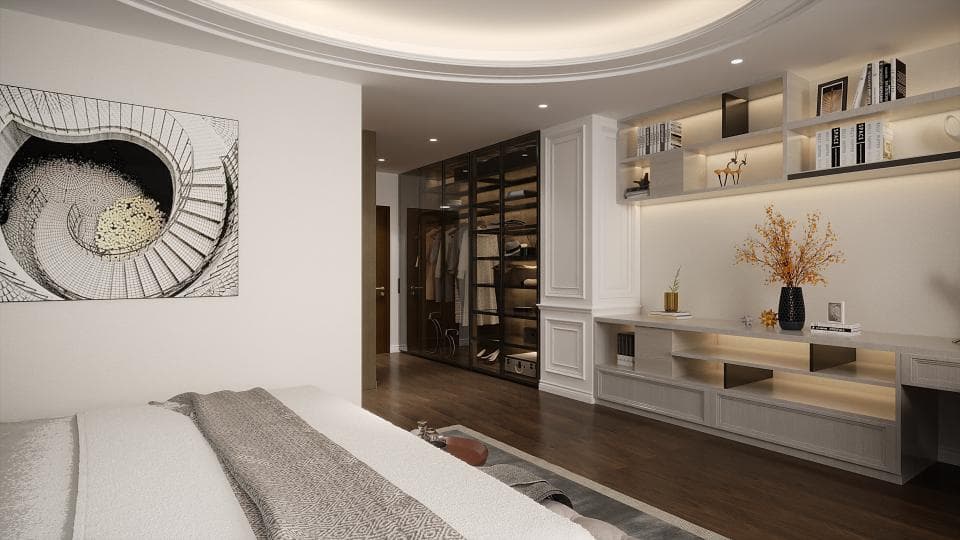 這張臥室的照片是一張大床,床頭牆上有著一幅螺旋樓梯的畫作,房間右側有一個開放式的衣櫃,牆上有一個層架,上面擺放了一些裝飾品。