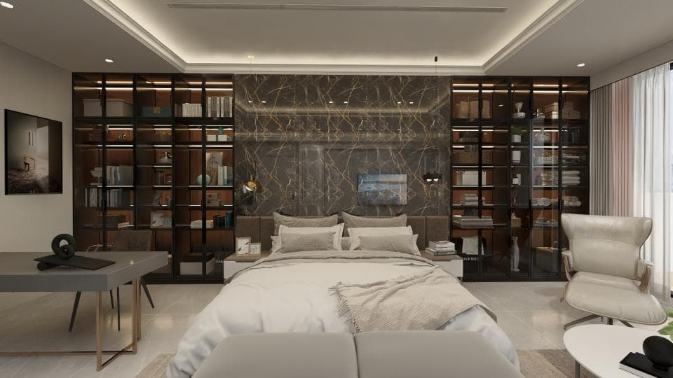 這張臥室的照片是簡約現代的風格,房間中間擺放著一張大床,床頭背景牆是深色的石材,床的兩邊是玻璃櫃,櫃子裡擺放著書籍和裝飾品。