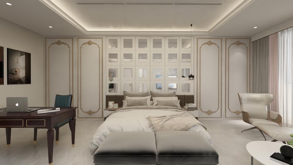 這張照片是一間豪華的臥室,最顯眼的是房間中央的大床,床頭板採用簡潔的設計,並配有舒適的靠枕,床上鋪著精緻的床單和棉被,床邊還有一張小桌,上面放著裝飾品,整體營造出溫馨舒適的氛圍。