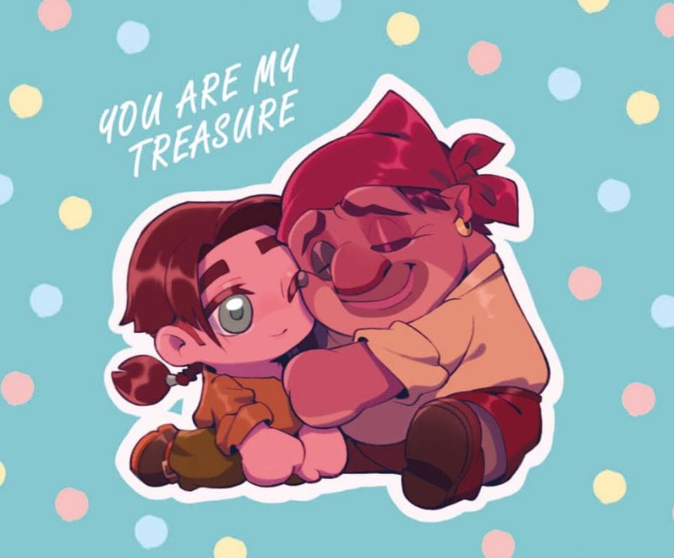 這張照片是兩個卡通人物,一個是海盜打扮的紅鼻子男性,另一個是穿著黃色上衣的女生。他們擁抱在一起,看起來非常親密。海盜對女生說著“你是我珍愛的寶藏”,表達了他們之間的愛意。