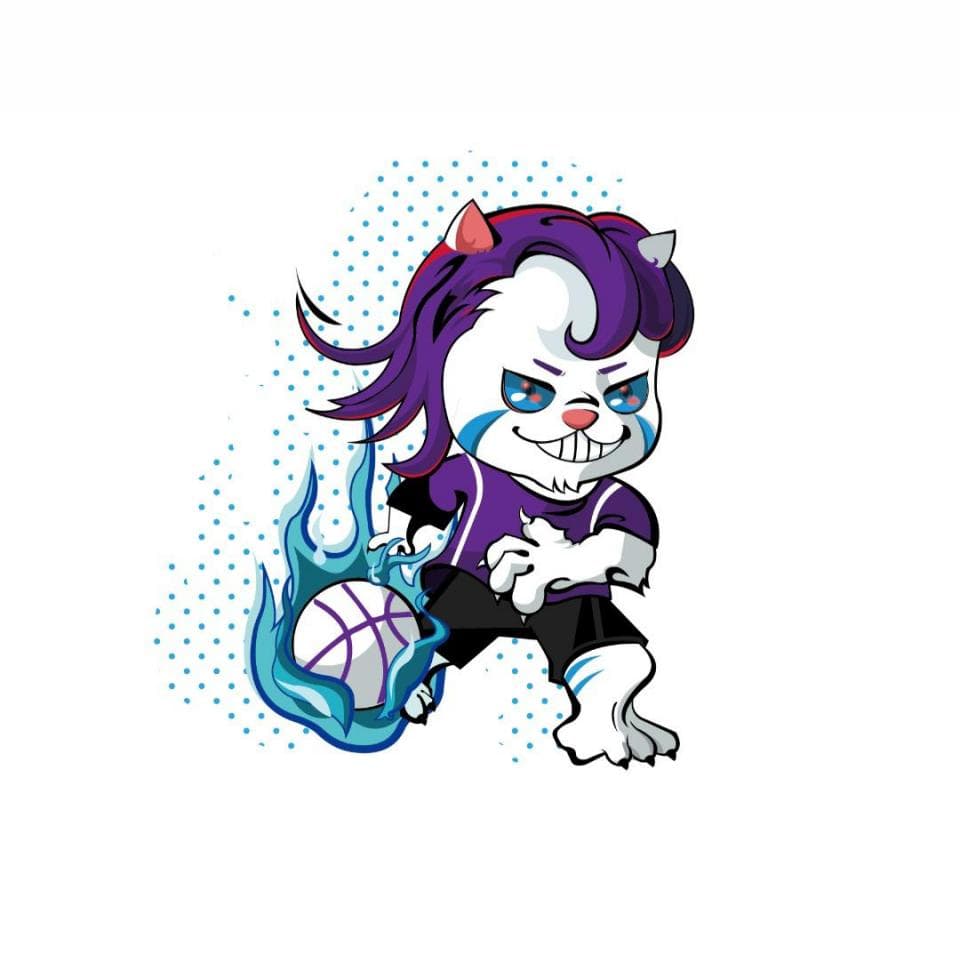 這張照片是一個穿著紫色籃球服的卡通人物,正在用腳踢一個籃球,籃球周圍有火焰。