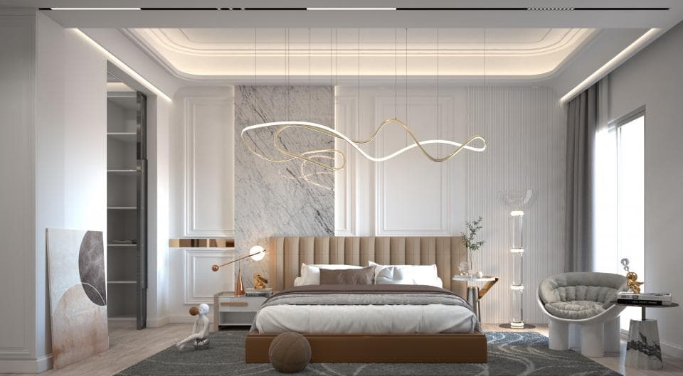 這張「現代臥室」的照片是一個簡約而優雅的空間,床頭板採用木質和皮革的組合,床單是白色,營造出舒適的氛圍。房間裡有一盞設計感十足的吊燈,以及一幅大型的抽象畫,為房間增添藝術氣息。