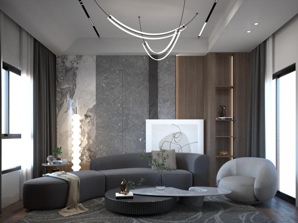 這張「現代客廳」的照片是,灰色調的沙發和座椅,中間有茶几,還有灰色的窗簾、木質地板和天花板,整體感覺簡約舒適。