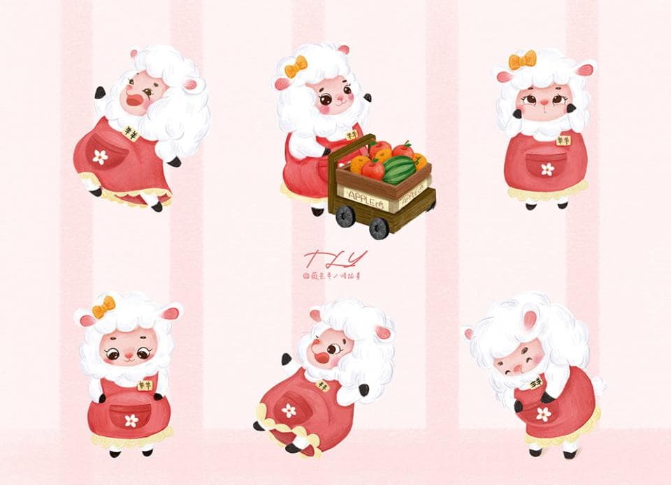 這張照片是六隻穿著紅色圍裙的可愛羊,其中一隻羊推著一輛裝滿水果的手推車。