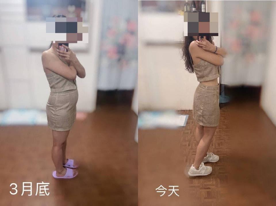 這張照片是兩張照片的對比,展示了同一個人三個月的體重變化。左側的照片是三個月前的,右側的照片是今天的。可以明顯看出,右側照片中的女性體重明顯下降,身材也更加苗條。