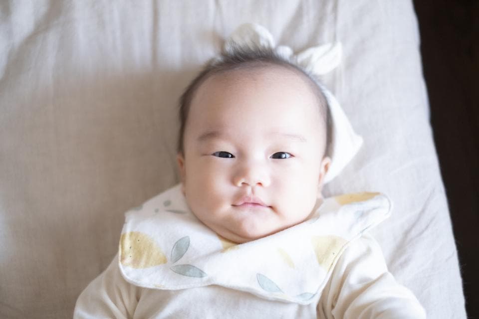 這張照片是一個可愛的嬰兒,他正在床上看著鏡頭,他有一雙大大的眼睛和一個可愛的微笑。