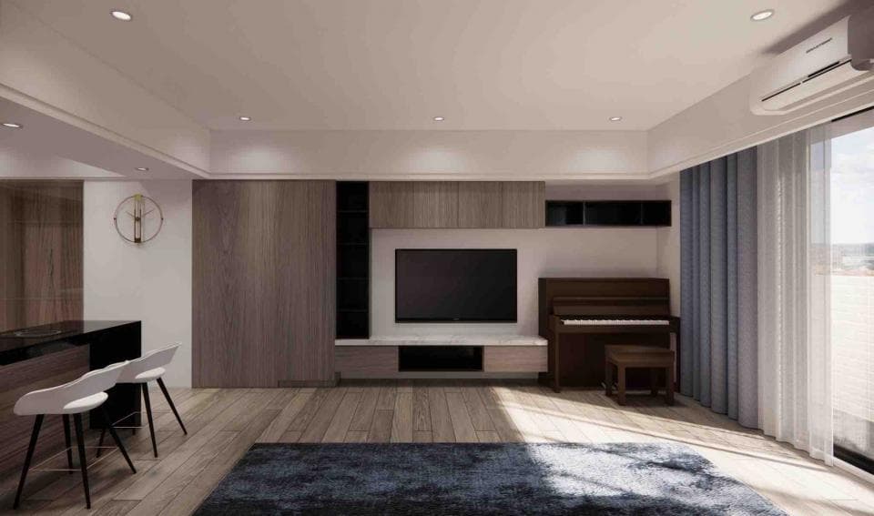 這張「客廳」的照片是一間現代化的客廳,牆壁以木質裝潢,配上深色沙發,整體空間明亮舒適,也有一臺鋼琴在角落。